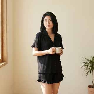 Pijama Nữ Lụa Cước Ánh Kim Cổ Vest Tay Ngắn Quần Short Bèo Nhún Mặc Nhà Cao Cấp [NP C007]