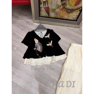 Sét áo nhung the cổ V cộc tay Thêu Quạt + chim lót lụa + quần xuông lụa (có tách sét)