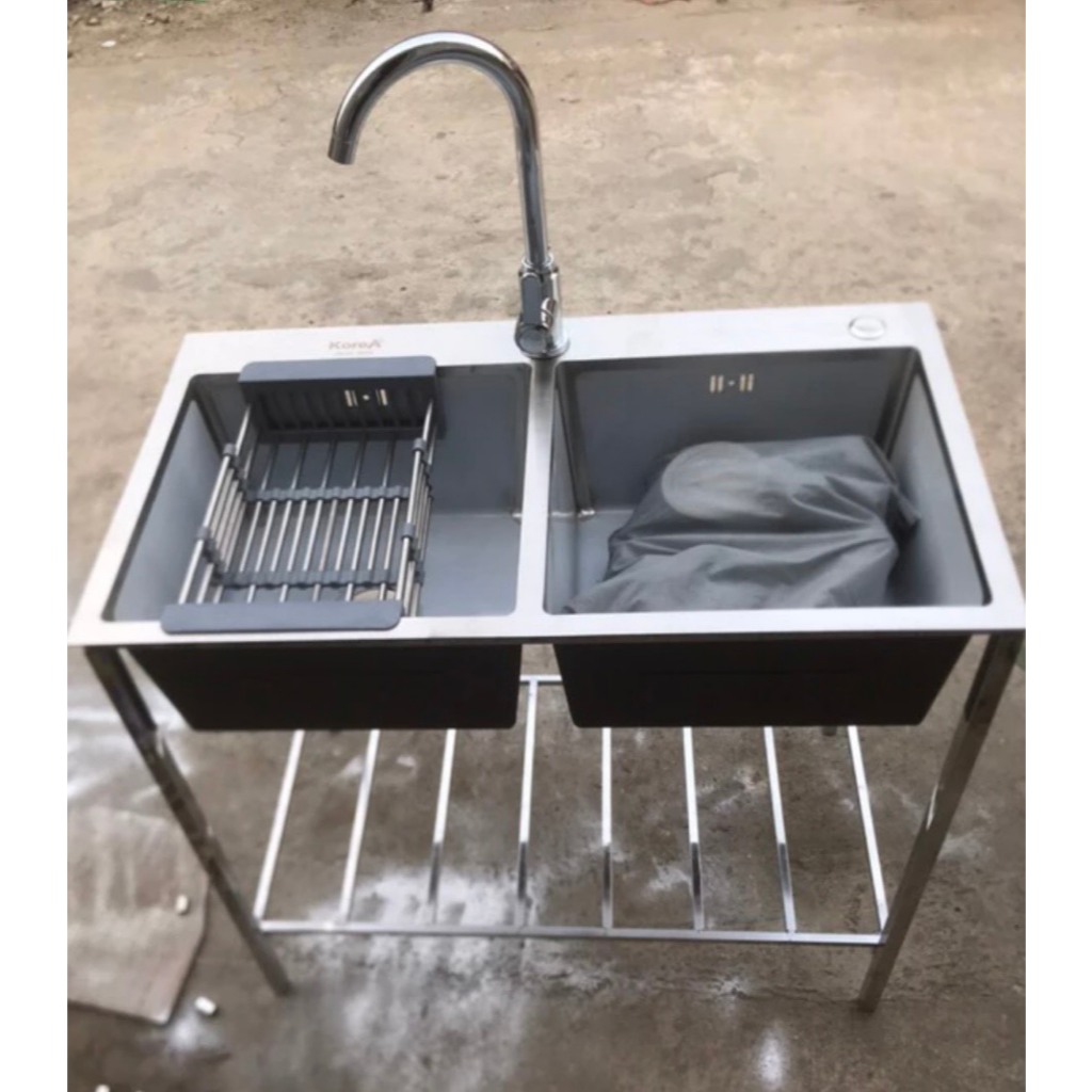 🔥 CHẬU RỬA INOX 2 NGĂN KÈM KỆ 2 TẦNG ĐỂ CHÉN – TIỆN LỢI & CHẮC CHẮN 🔥