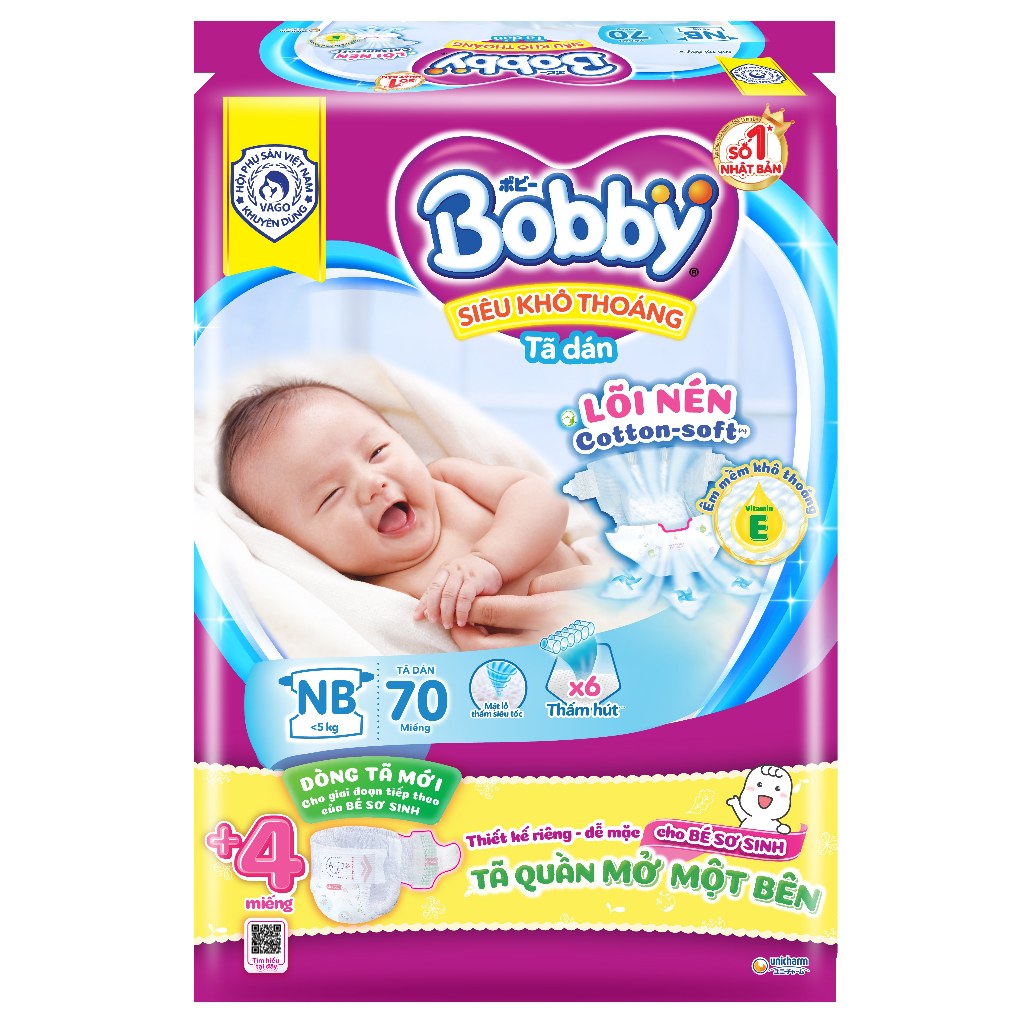 TÃ DÁN BOBBY SIÊU KHÔ THOÁNG NEWBORN XS70 (DƯỚI 5KG) - CÔNG NGHỆ LÕI NÉN  SIÊU MỎNG