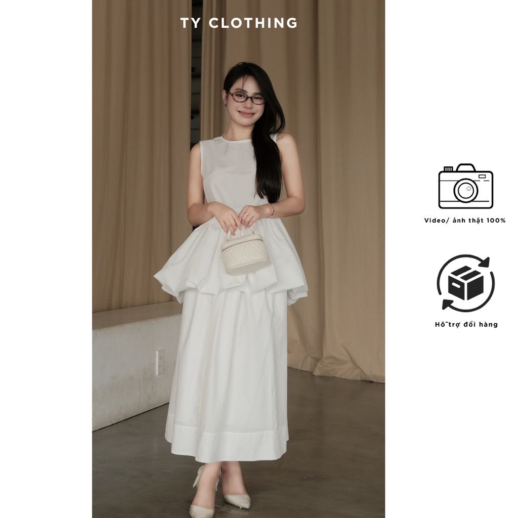 Set bèo nhún eo chân váy dài trắng - Hàng Thiết Kế - Màu Trắng-  TY CLOTHING