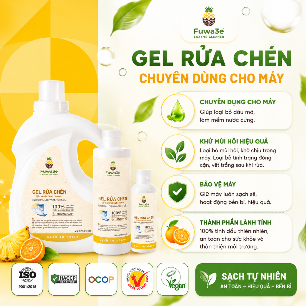[Fuwa3e] Gel Rửa Chén Cho Máy 2L, Thành Phần Tự Nhiên, Tặng Nước Làm Bóng, Không Đóng Cặn, Sạch Sâu