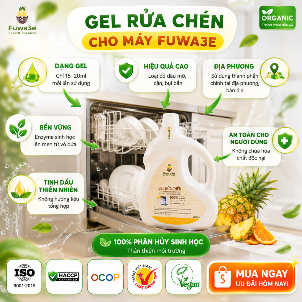 [Fuwa3e] Gel Rửa Chén Cho Máy 2L, Thành Phần Tự Nhiên, Tặng Nước Làm Bóng, Không Đóng Cặn, Sạch Sâu