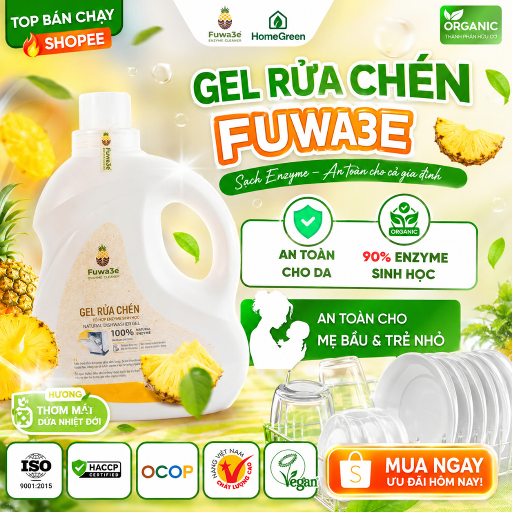 [Fuwa3e] Gel Rửa Chén Cho Máy 2L, Thành Phần Tự Nhiên, Tặng Nước Làm Bóng, Không Đóng Cặn, Sạch Sâu