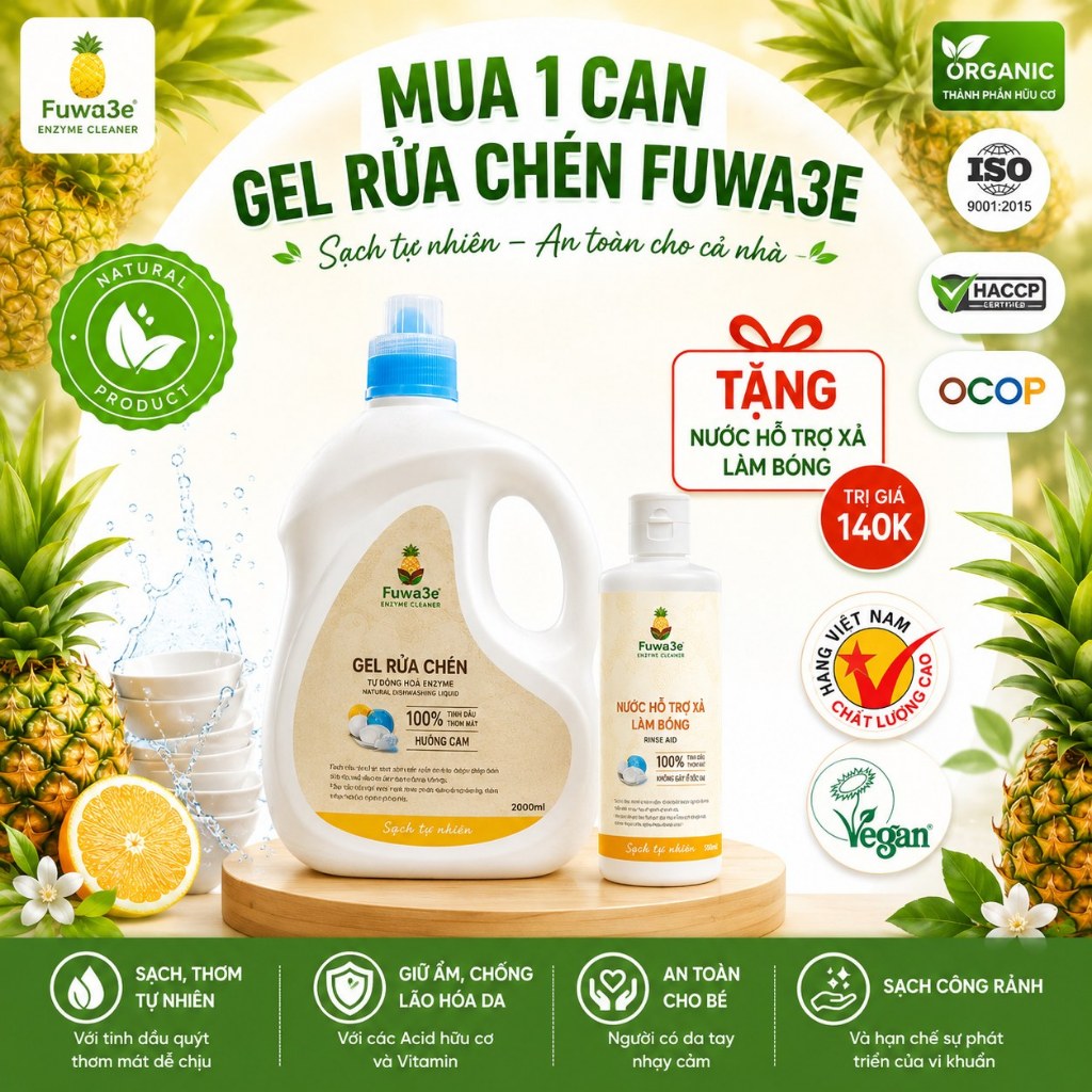[Fuwa3e] Gel Rửa Chén Cho Máy 2L, Thành Phần Tự Nhiên, Tặng Nước Làm Bóng, Không Đóng Cặn, Sạch Sâu