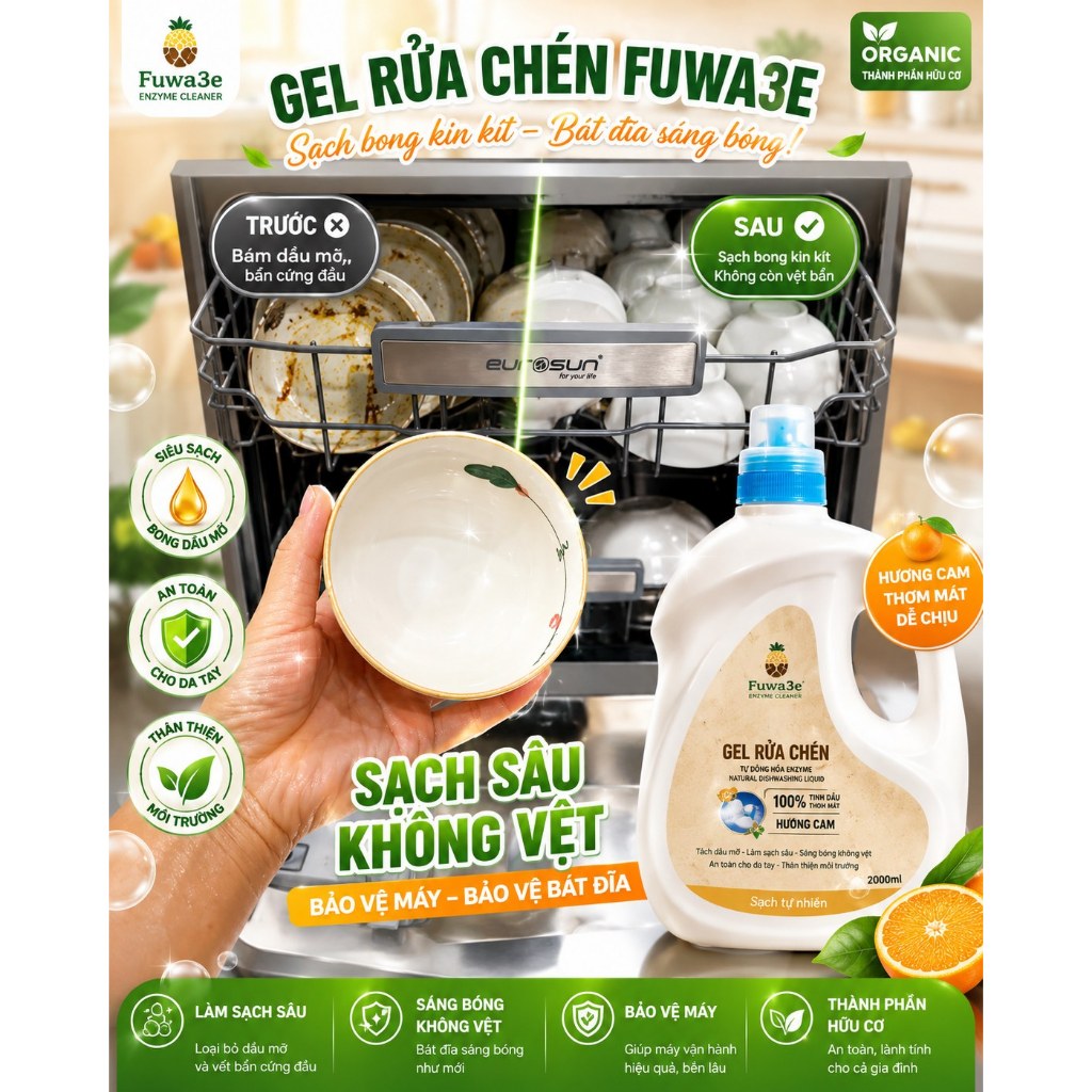[Fuwa3e] Gel Rửa Chén Cho Máy 2L, Thành Phần Tự Nhiên, Tặng Nước Làm Bóng, Không Đóng Cặn, Sạch Sâu