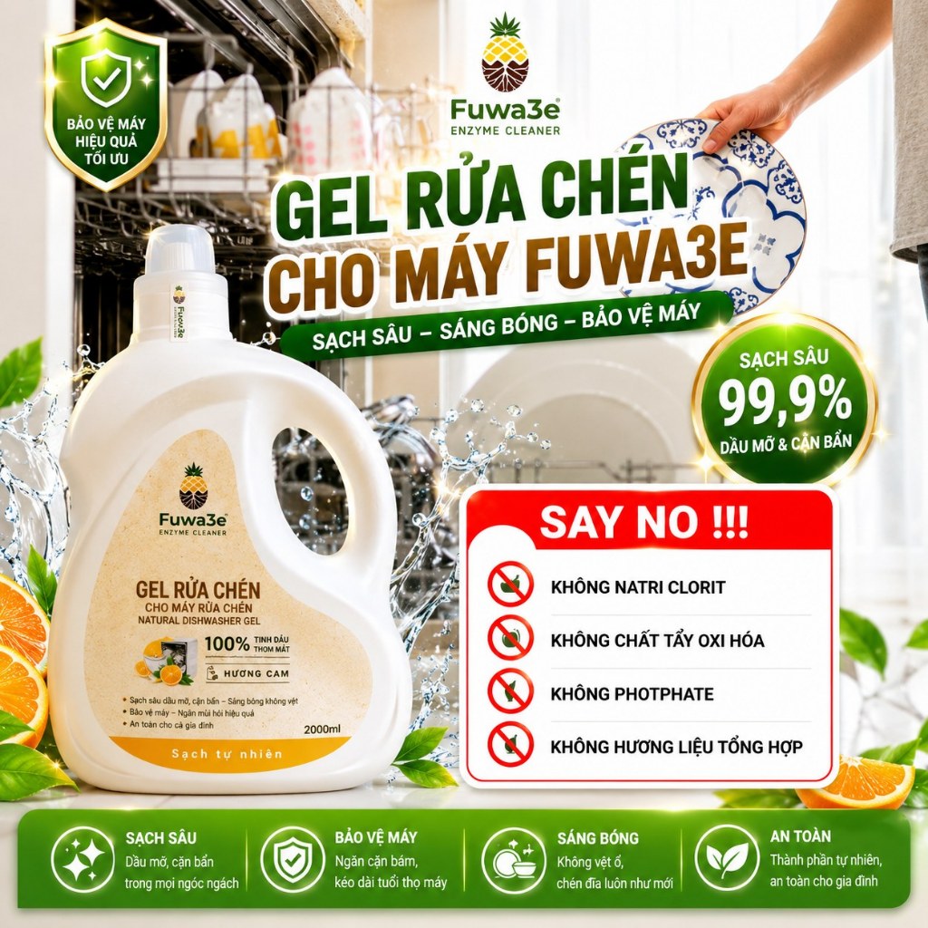 [Fuwa3e] Gel Rửa Chén Cho Máy 2L, Thành Phần Tự Nhiên, Tặng Nước Làm Bóng, Không Đóng Cặn, Sạch Sâu