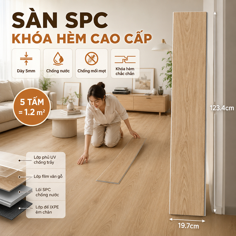 Sàn Nhựa Giả Gỗ Hèm Khóa SPC Dễ Dàng Lắp Đặt Chống Nước Tốt Độ Dày 5mm Hàng Cao Cấp Bảo Hành 2 Năm