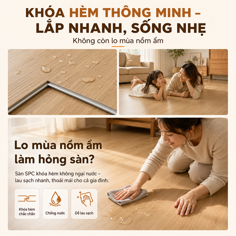 Sàn Nhựa Giả Gỗ Hèm Khóa SPC Dễ Dàng Lắp Đặt Chống Nước Tốt Độ Dày 5mm Hàng Cao Cấp Bảo Hành 2 Năm