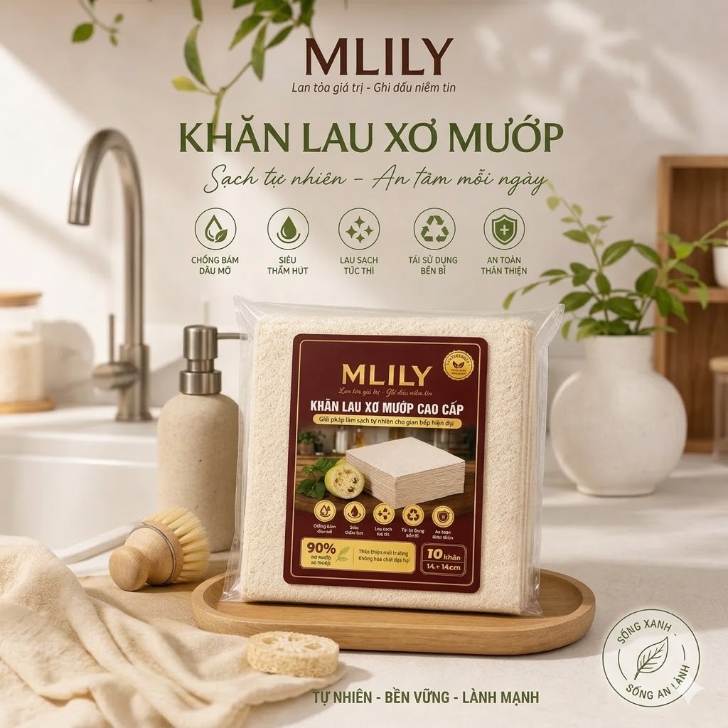 MLILY Khăn Lau Xơ Mướp Cao Cấp 10 Khăn/Gói, Siêu Thấm Hút, Lau Dầu Mỡ, Tái Sử Dụng, An Toàn