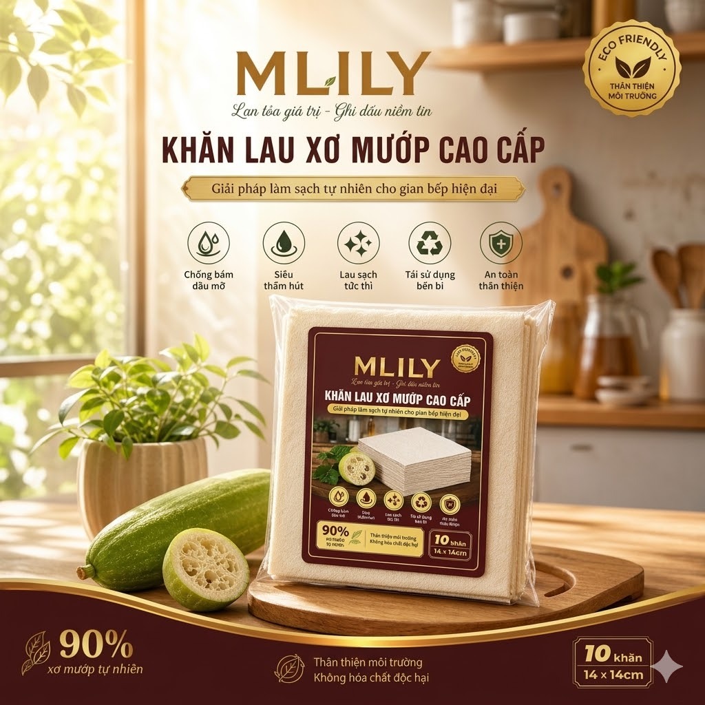 MLILY Khăn Lau Xơ Mướp Cao Cấp 10 Khăn/Gói, Siêu Thấm Hút, Lau Dầu Mỡ, Tái Sử Dụng, An Toàn