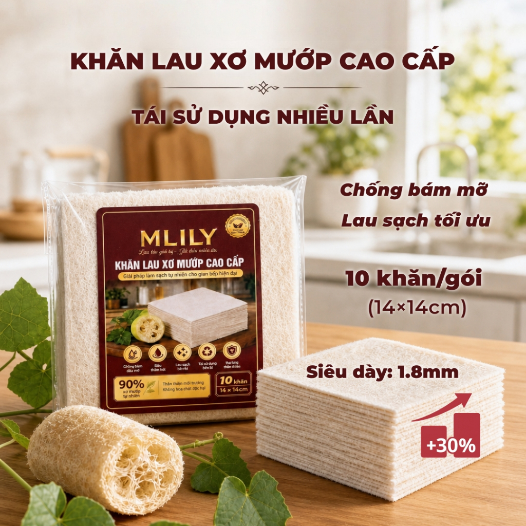 MLILY Khăn Lau Xơ Mướp Cao Cấp 10 Khăn/Gói, Siêu Thấm Hút, Lau Dầu Mỡ, Tái Sử Dụng, An Toàn