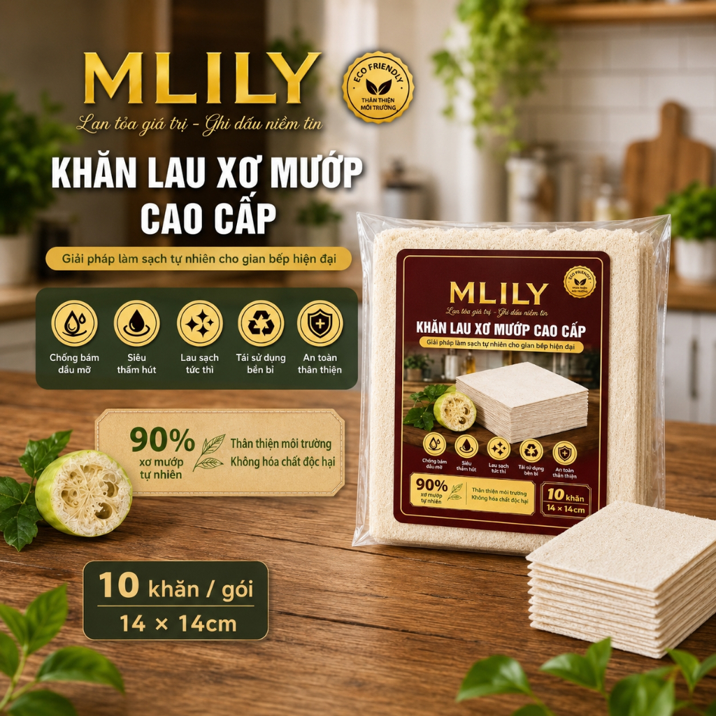 MLILY Khăn Lau Xơ Mướp Cao Cấp 10 Khăn/Gói, Siêu Thấm Hút, Lau Dầu Mỡ, Tái Sử Dụng, An Toàn