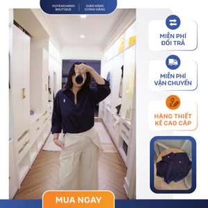 ÁO SƠ MI NỮ XANH NAVY Logo Thêu Ngựa Form Rộng Freesize Hàn Quốc Thanh Lịch, đi chơi đi làm - HuyenChang Boutique