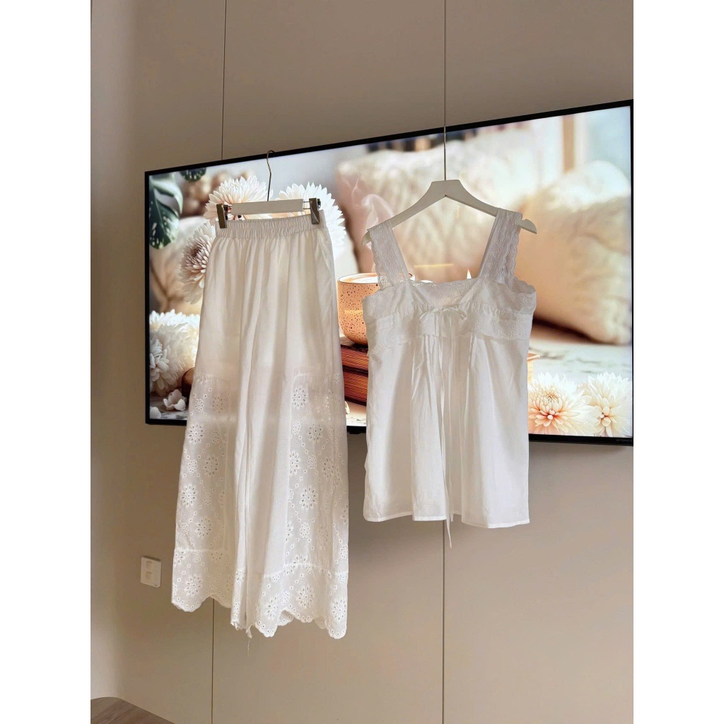 SET ÁO HAI DÂY REN NỮ PHỐI QUẦN DÀI Trắng Babydoll Freesize, Phong Cách Tiểu Thư Hàn Quốc - HuyenChang Boutique