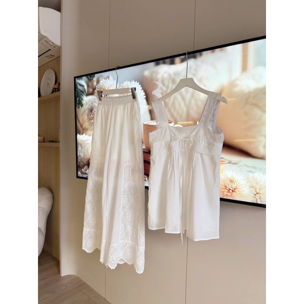 SET ÁO HAI DÂY REN NỮ PHỐI QUẦN DÀI Trắng Babydoll Freesize, Phong Cách Tiểu Thư Hàn Quốc - HuyenChang Boutique