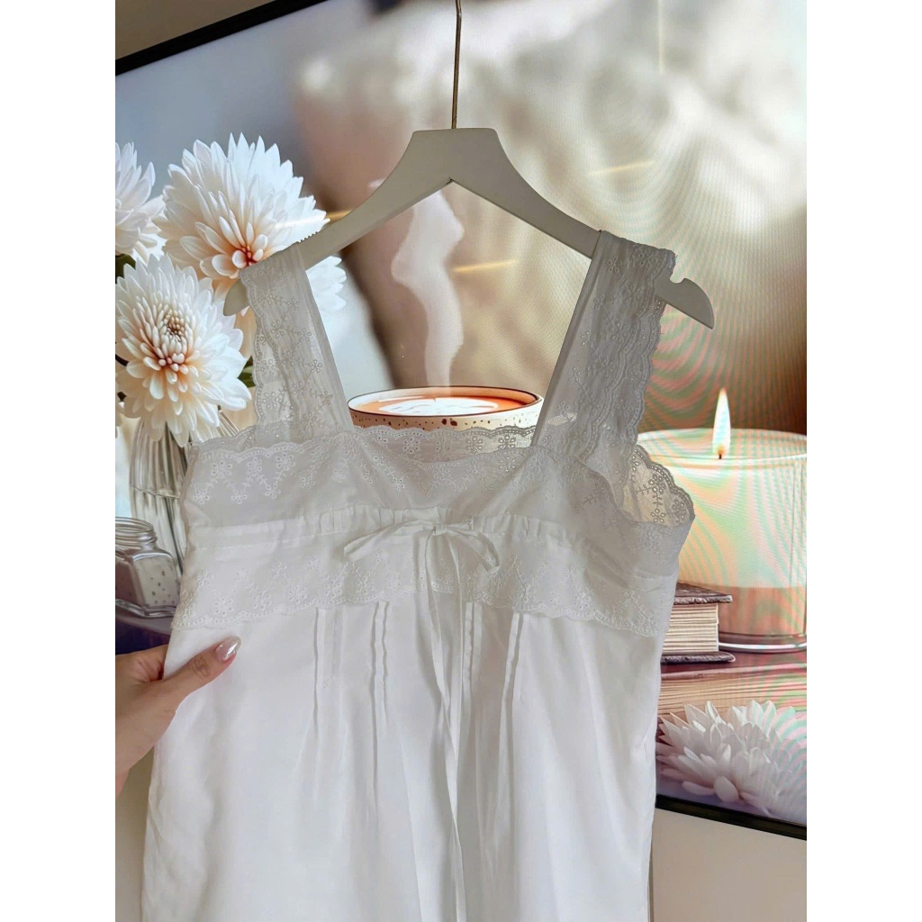 SET ÁO HAI DÂY REN NỮ PHỐI QUẦN DÀI Trắng Babydoll Freesize, Phong Cách Tiểu Thư Hàn Quốc - HuyenChang Boutique