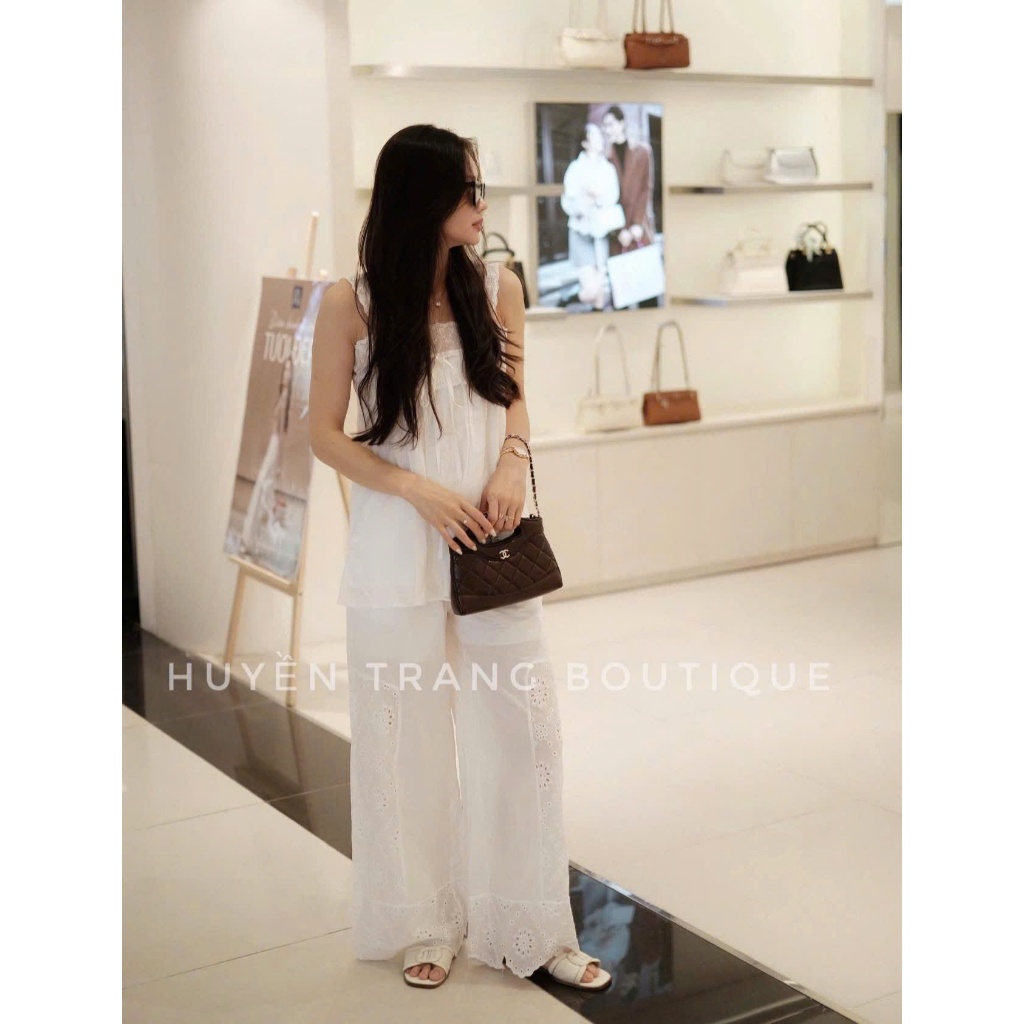 SET ÁO HAI DÂY REN NỮ PHỐI QUẦN DÀI Trắng Babydoll Freesize, Phong Cách Tiểu Thư Hàn Quốc - HuyenChang Boutique
