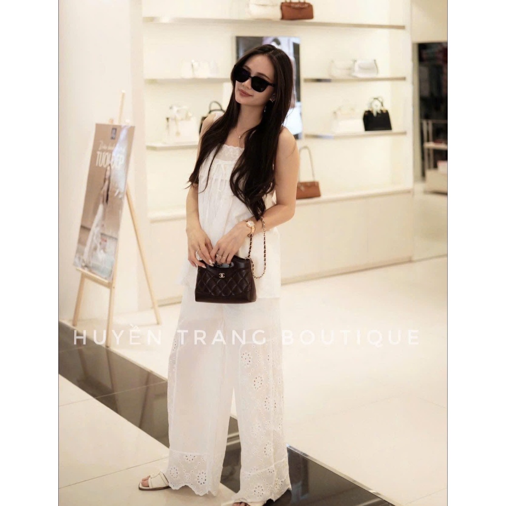 SET ÁO HAI DÂY REN NỮ PHỐI QUẦN DÀI Trắng Babydoll Freesize, Phong Cách Tiểu Thư Hàn Quốc - HuyenChang Boutique