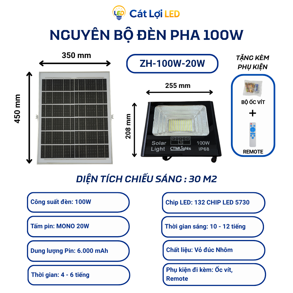 Bộ đèn pha năng lượng mặt trời 100W 200W 300W 500W, đèn pha nâng cấp, bảo hành 2 năm - CTMLights