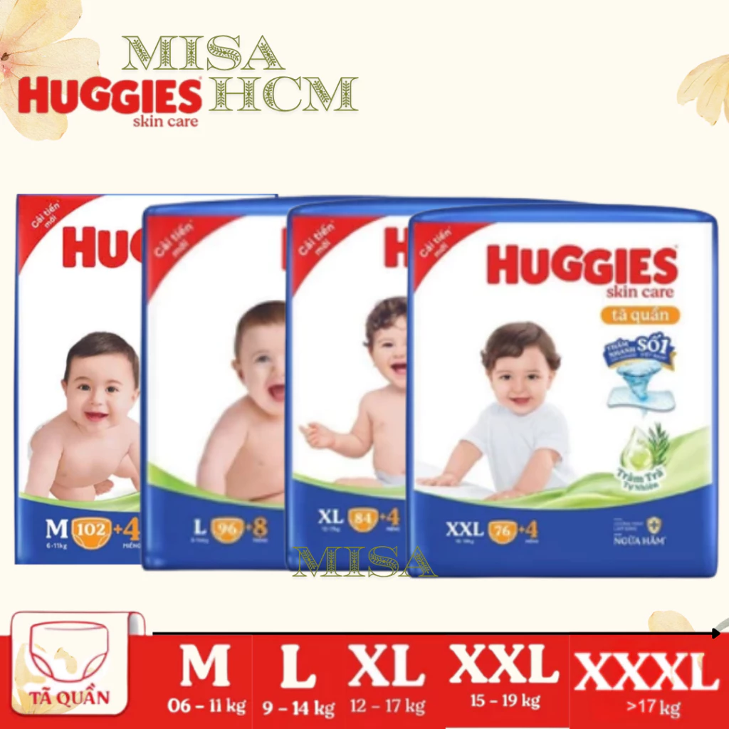 Tã quần Huggies Skincare Mega Jumbo M106/L96+8/XL84+4/XXL76+4 với tràm trà dịu da