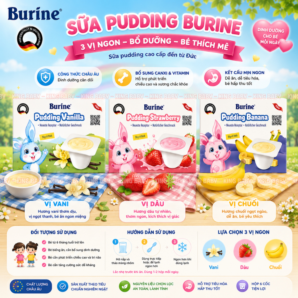Sữa Pudding Burine Đức 3 Vị (Dâu – Chuối – Vani) Hộp 6 Cốc x 50g – Mềm Mịn, Dễ Ăn, Bổ Sung Dinh Dưỡng Cho Bé