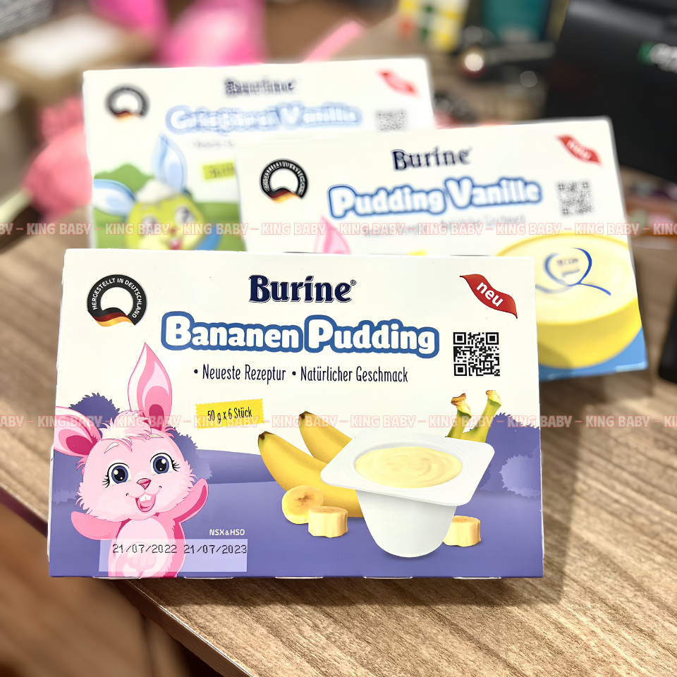 Sữa Pudding Burine Đức 3 Vị (Dâu – Chuối – Vani) Hộp 6 Cốc x 50g – Mềm Mịn, Dễ Ăn, Bổ Sung Dinh Dưỡng Cho Bé