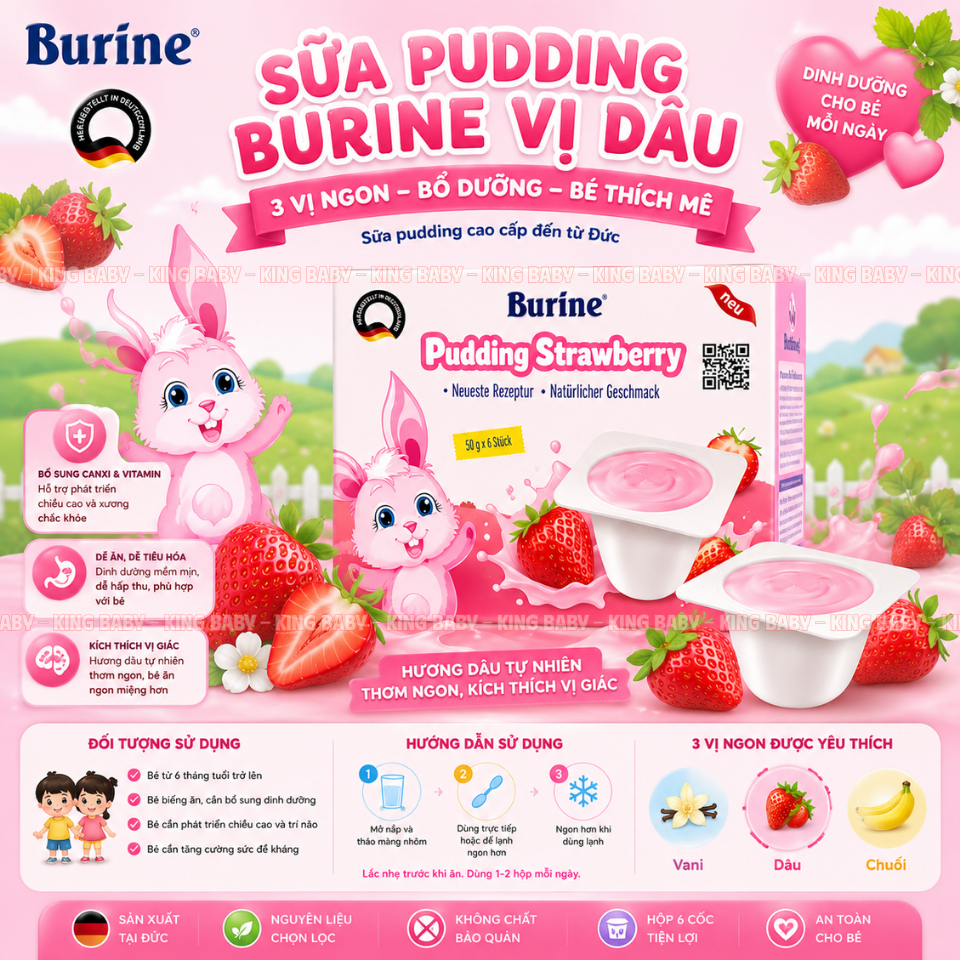 Sữa Pudding Burine Đức 3 Vị (Dâu – Chuối – Vani) Hộp 6 Cốc x 50g – Mềm Mịn, Dễ Ăn, Bổ Sung Dinh Dưỡng Cho Bé