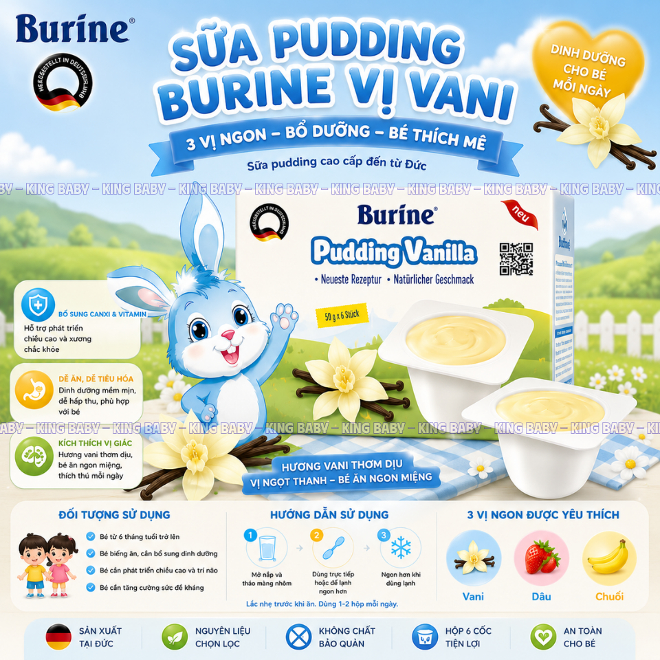 Sữa Pudding Burine Đức 3 Vị (Dâu – Chuối – Vani) Hộp 6 Cốc x 50g – Mềm Mịn, Dễ Ăn, Bổ Sung Dinh Dưỡng Cho Bé