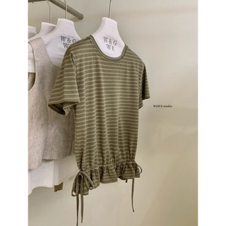 𝐏𝐡𝐢𝐞𝐧 𝐖𝐆𝐖𝐄 | (Sẵn) w9688 Áo Thun Kẻ Cộc Tay Cổ Tròn Viền Chun Bèo Tone Xanh
