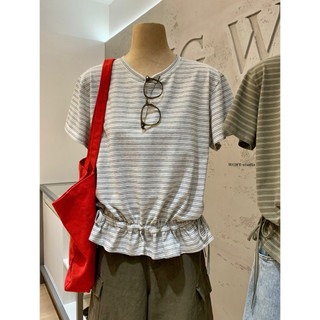 𝐏𝐡𝐢𝐞𝐧 𝐖𝐆𝐖𝐄 | (Sẵn) w9688 Áo Thun Kẻ Cộc Tay Cổ Tròn Viền Chun Bèo Tone Xanh