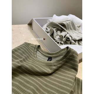 𝐏𝐡𝐢𝐞𝐧 𝐖𝐆𝐖𝐄 | (Sẵn) w9688 Áo Thun Kẻ Cộc Tay Cổ Tròn Viền Chun Bèo Tone Xanh