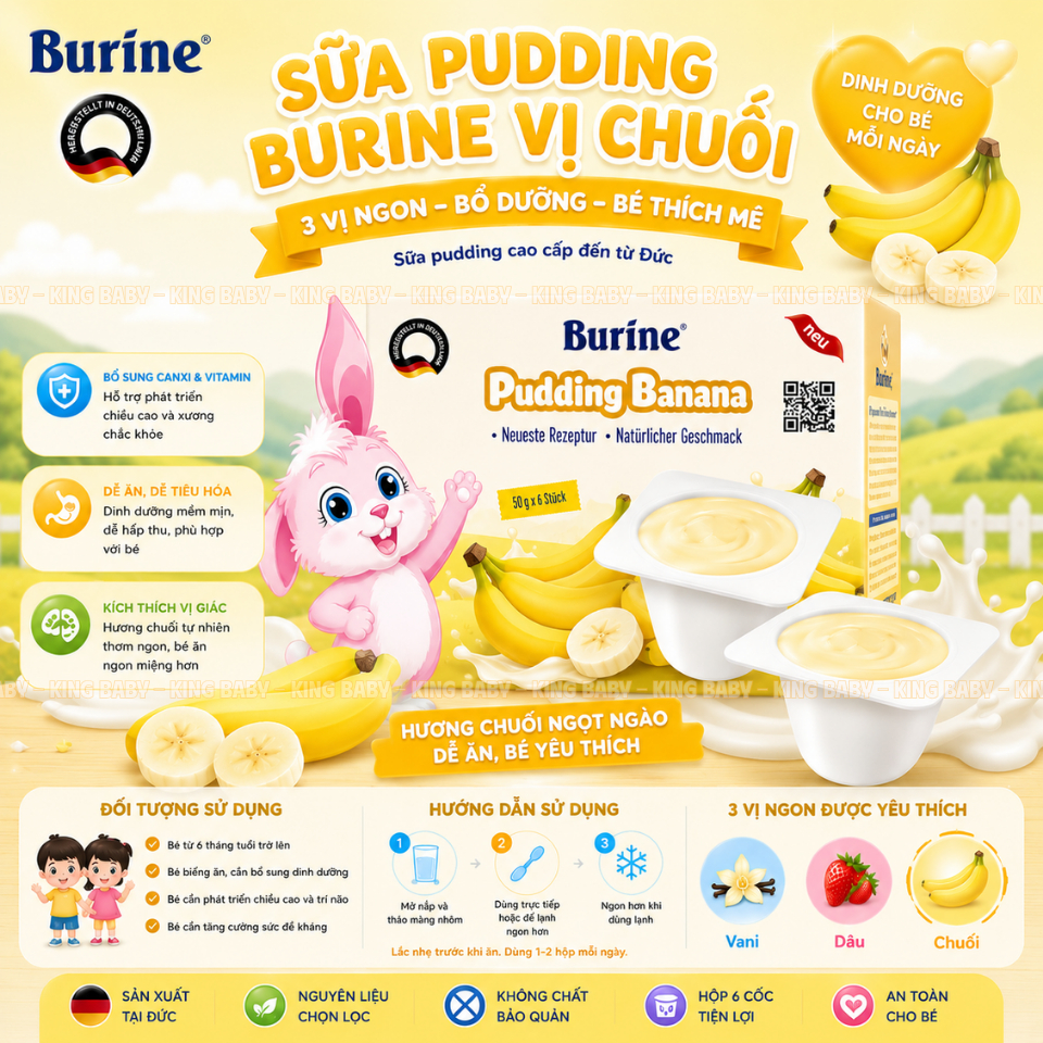 Sữa Pudding Burine Đức 3 Vị (Dâu – Chuối – Vani) Hộp 6 Cốc x 50g – Mềm Mịn, Dễ Ăn, Bổ Sung Dinh Dưỡng Cho Bé