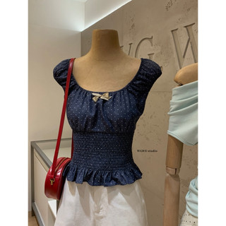 𝐏𝐡𝐢𝐞𝐧 𝐖𝐆𝐖𝐄 | (Sẵn) w9734 Áo Kiểu Viền Chun Co Dãn Cổ Vuông trễ Vai Chấm Bi