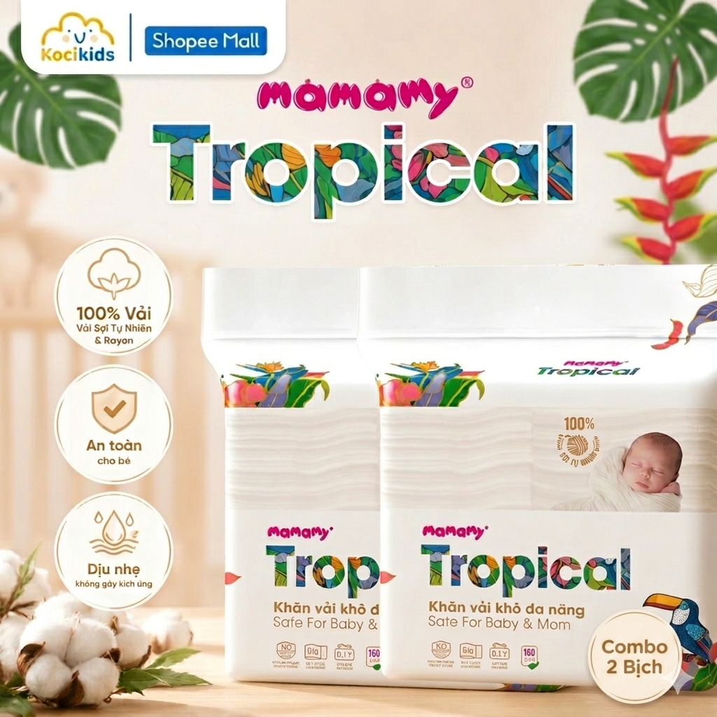 Combo 2 Bịch Khăn vải khô đa năng Tropical 160 tờ, khăn khô mamamy ...