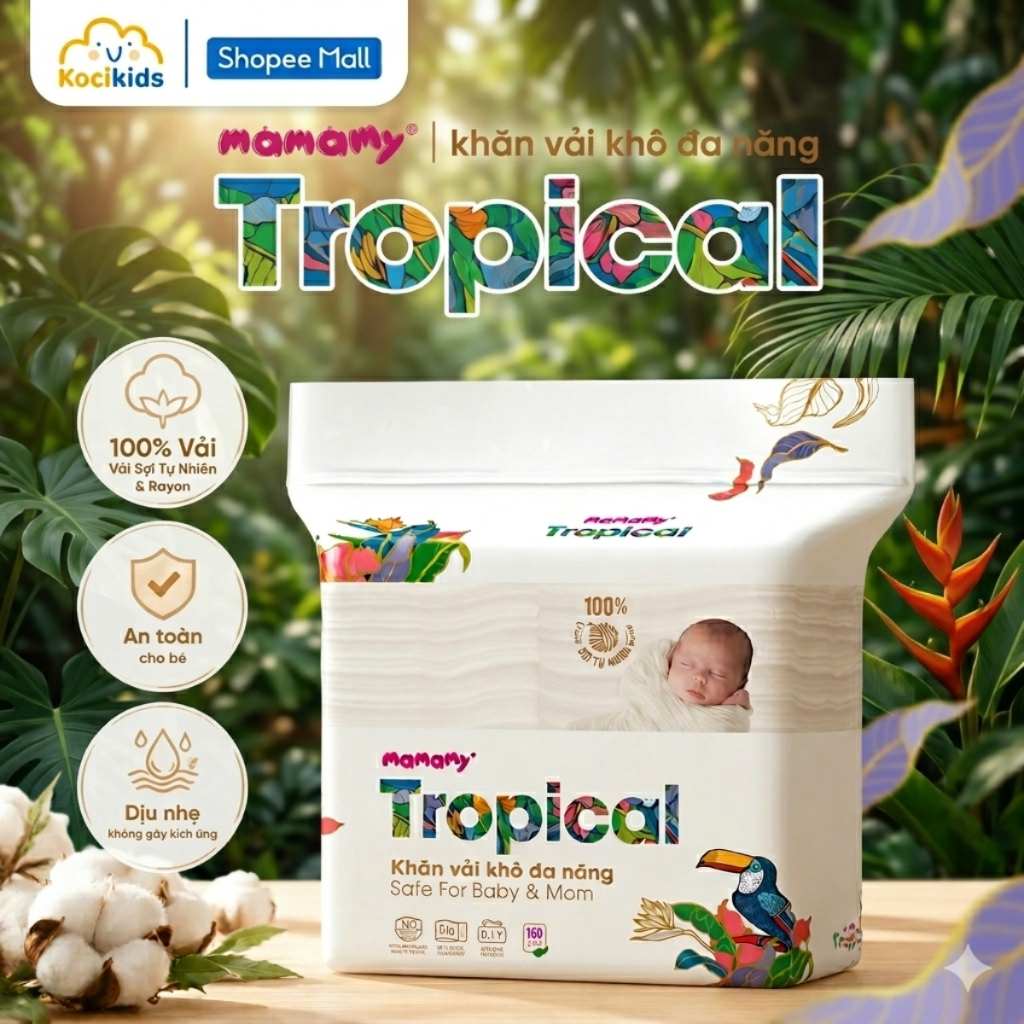 Khăn vải khô đa năng Mamamy Tropical cao cấp dành cho mẹ và bé 160 tờ ...