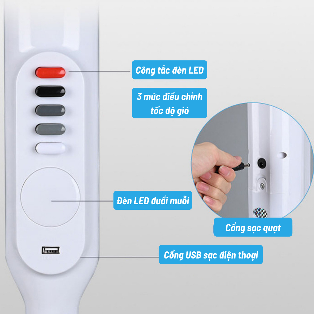 Quạt sạc tích điện năng lượng mặt trời tích hợp cổng sạc USB công suất 25W quạt không dây