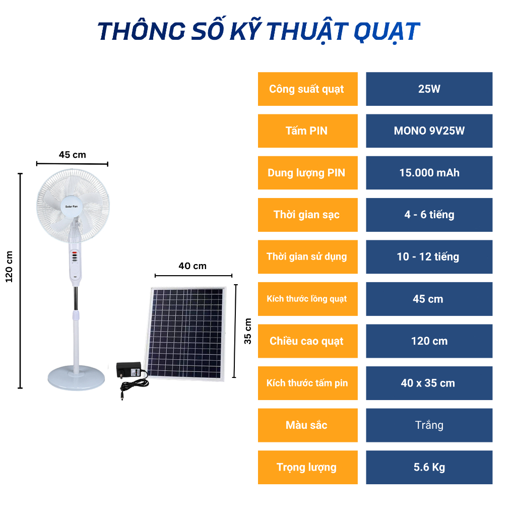Quạt sạc tích điện năng lượng mặt trời tích hợp cổng sạc USB công suất 25W quạt không dây