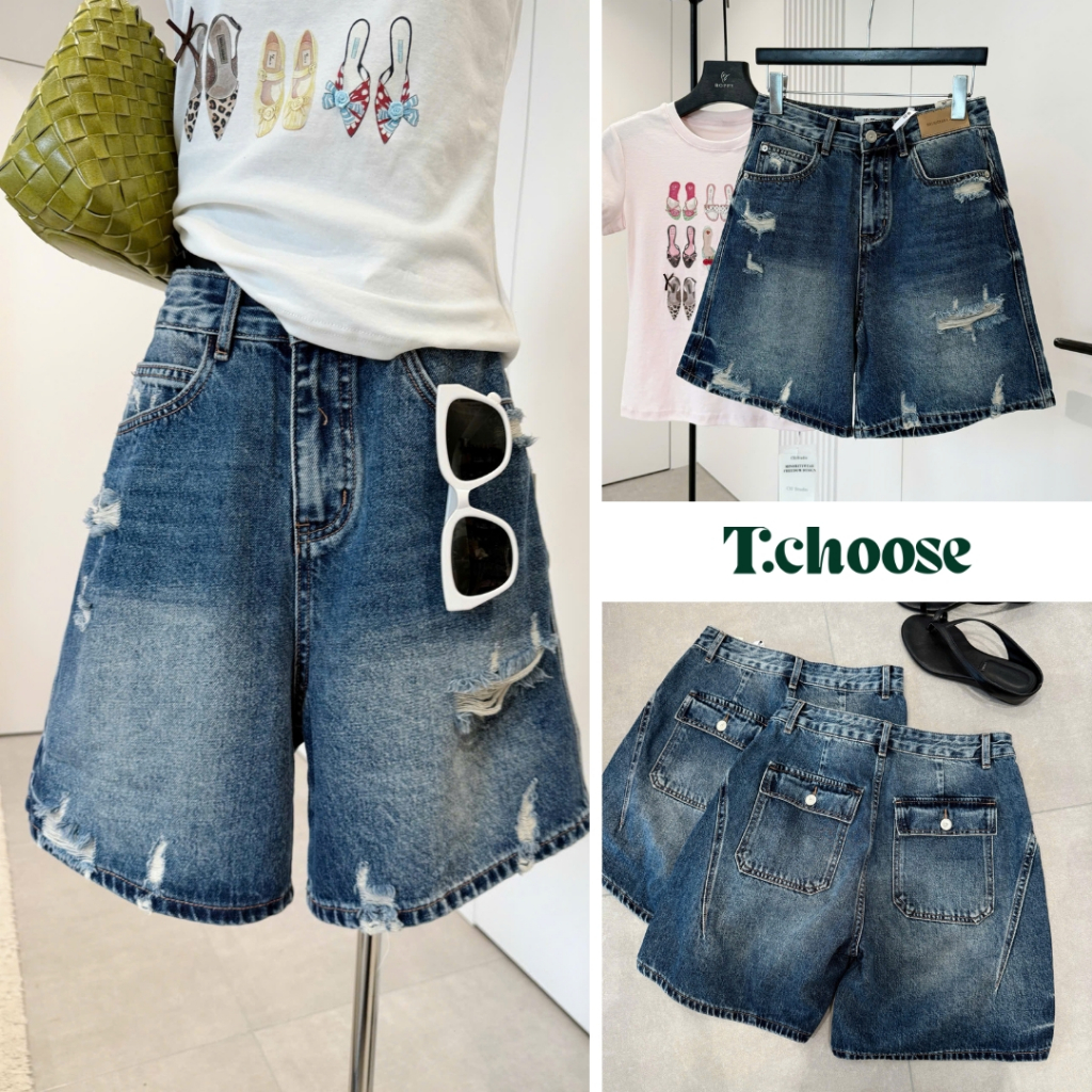 Quần Jeans lửng ống rộng rách, quần bò ngố cạp cao 31209 TCHOOSE
