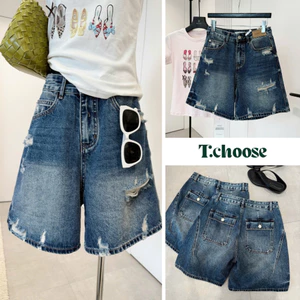 Quần Jeans lửng ống rộng rách, quần bò ngố cạp cao 31209 TCHOOSE