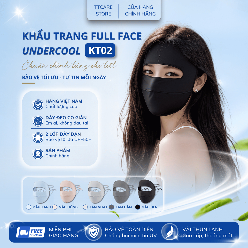 Khẩu Trang Vải Chống Nắng Toàn Mặt UNDERCOOL Chính Hãng Thoáng Khí Ngăn Tia UV full face KT02