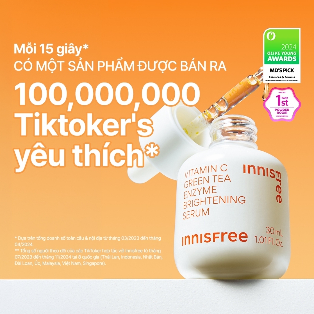 INNISFREE x Serum Vitamin C sáng da, mờ thâm mụn INNISFREE Green Tea Enzyme Brightening Serum 30ml