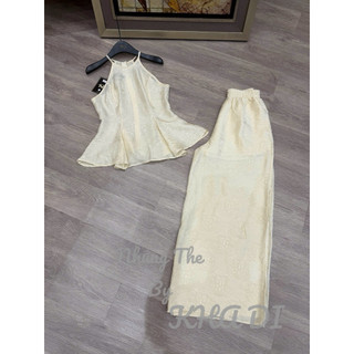 Sét áo lụa cổ yếm hoạ tiết Thọ Rơi cách điệu + quần xuông lụa