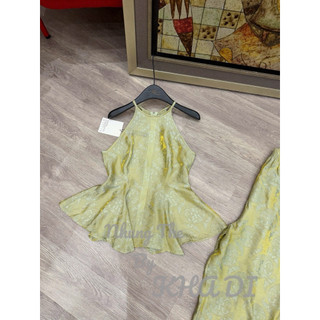 Sét áo lụa cổ yếm hoạ tiết Thọ Rơi cách điệu + quần xuông lụa
