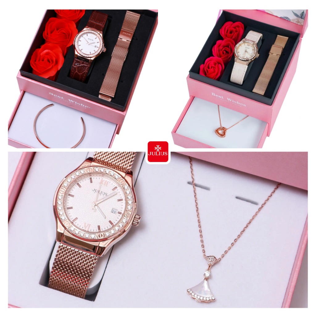 Combo Đồng Hồ Nữ Julius Hàn Quốc & Trang Sức ESME Chính Hãng (Lắc Tay/ Dây Chuyền) Thời Thượng Cho Quý Cô