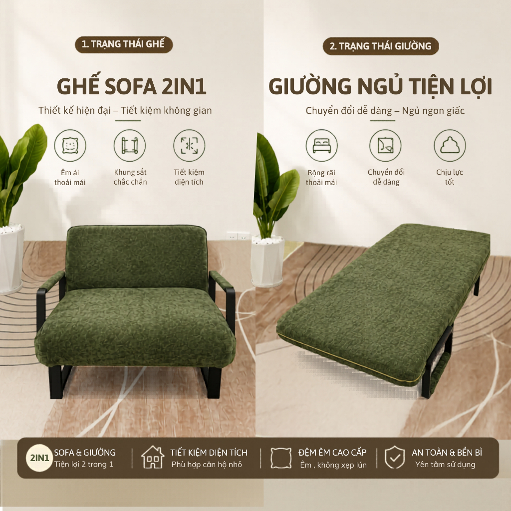 Ghế Sofa Giường Gấp Gọn, Sofa Bed Đa Năng Khung Sắt Chịu Lực, Nệm Êm, Tiết Kiệm Diện Tích