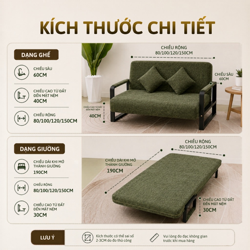 Ghế Sofa Giường Gấp Gọn, Sofa Bed Đa Năng Khung Sắt Chịu Lực, Nệm Êm, Tiết Kiệm Diện Tích