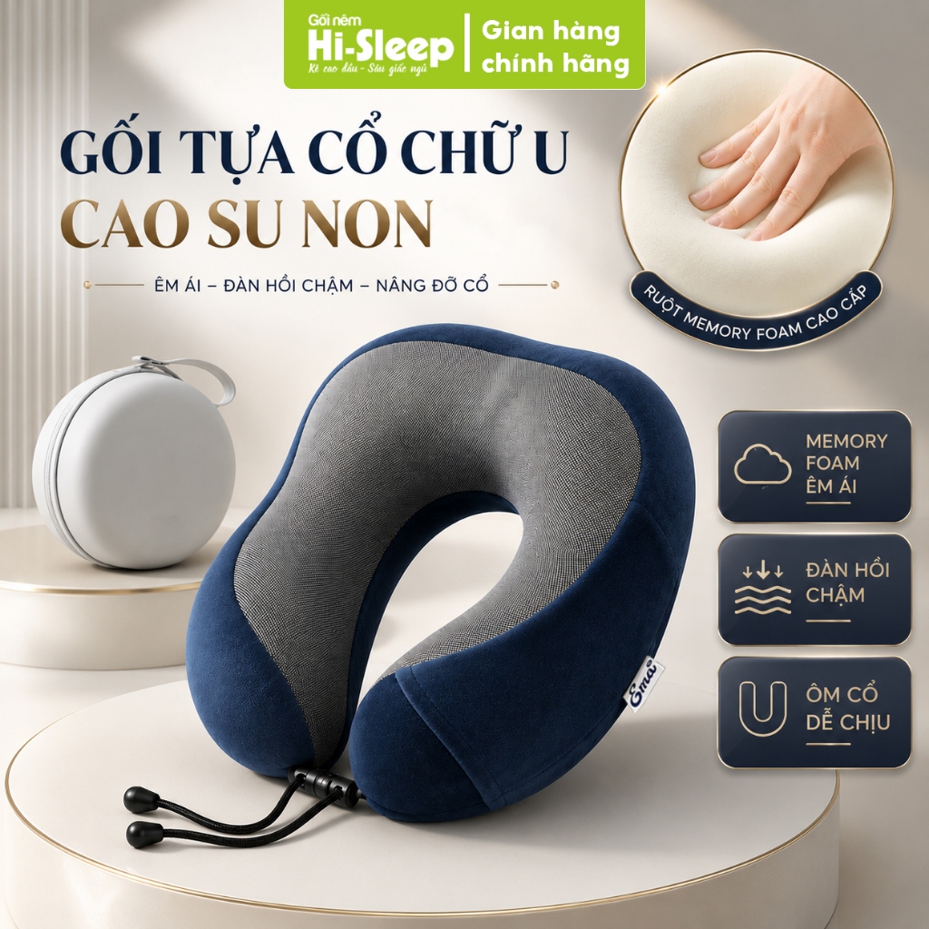 Gối Tựa Cổ Chữ U Công Thái Học HI-SLEEP Memory Foam - Gối Ôm Cổ Cao Su Non Thoáng Khí Cao Cấp