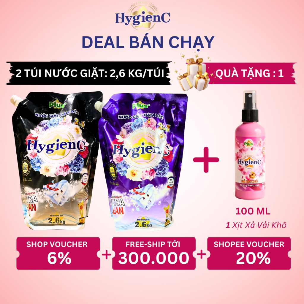 Combo 2 Túi Nước Giặt Đậm Đặc HygienC Plus 2.6Kg/Túi - Hương Nước Hoa, Làm Sạch Vết Bẩn, Dưỡng Vải