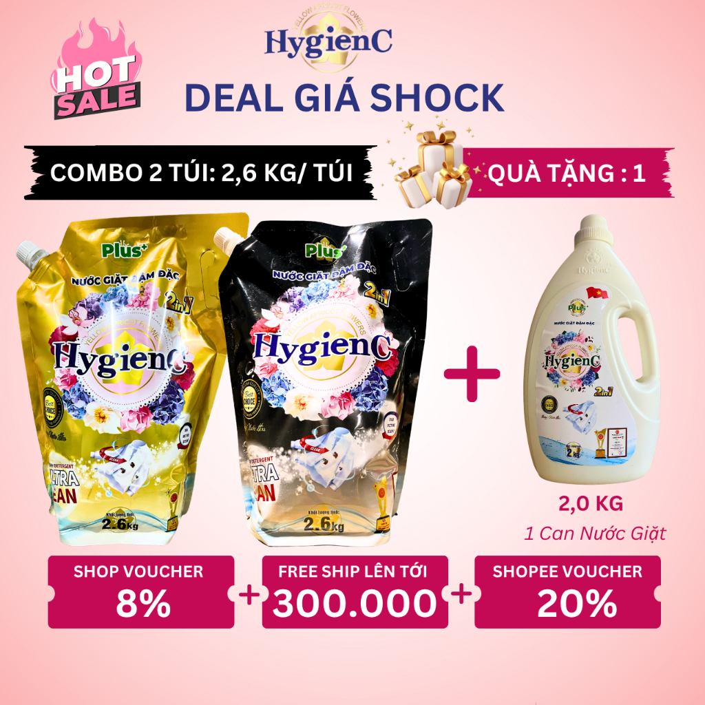 [Quà Shock] Combo 2 Túi Nước Giặt Dưỡng Vải HygienC Plus 2.6Kg/Túi - Đậm Đặc Hương Nước Hoa